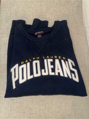 Ralph Lauren Polo Jeans Navy Crewneck Sweatshirt with White and Yellow Logo